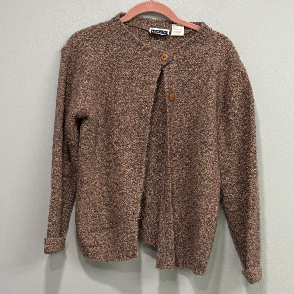 Vintage cottagecore Marled Knit Wool Blend Cardigan Sweater Brown Multi Size S